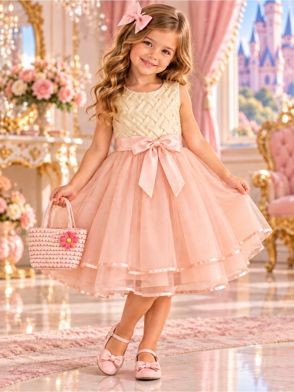 Rare Editions Girls 4T Ivory Blush Pink Tulle Dress + Purse & Bow